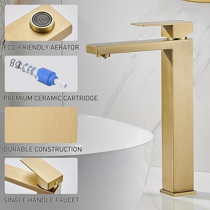 AVSIILE Brushed Gold Vessel Sink Faucet, 1 Hole Single Handle Tall Bathroom Vanity Faucets, Modern Utility Rv Laundry Bath Restroom Mixer Tap with Metal Pop Up Drain and 2 Water Supply Lines