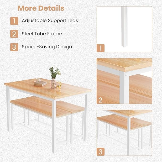 Recaceik 47” Dining Table Set for 4, 3-Piece Kitchen Table with 2 Benches, Wood Kitchen Table and Chair Set, Space-Saving Dining Room Set Dinette Set for Breakfast Nook and Small Space, Beige