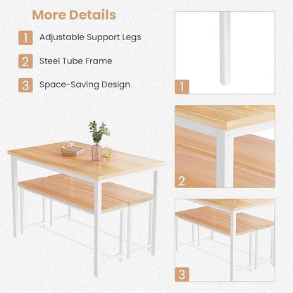 Recaceik 47” Dining Table Set for 4, 3-Piece Kitchen Table with 2 Benches, Wood Kitchen Table and Chair Set, Space-Saving Dining Room Set Dinette Set for Breakfast Nook and Small Space, Beige