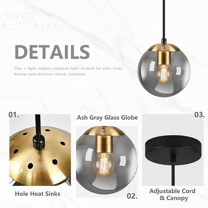 KoKo&Yukina 6 Inch Globe Pendant Light Gold Globe Pendant Lights Kitchen Island Mid Century Light Fixture with Grey Glass Shade for Dining Room