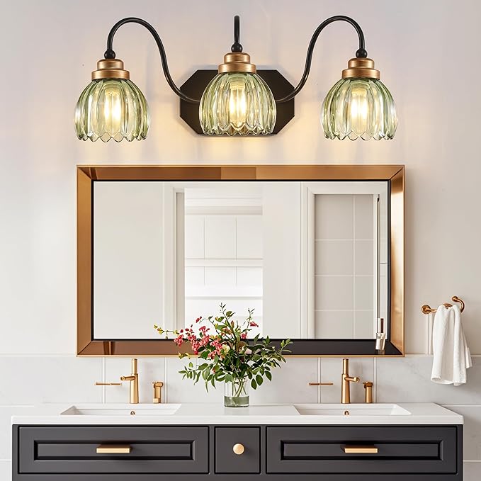 Vintage Bathroom Vanity Light, Bathroom Lighting Fixtures Over Mirror, Mid Century Style Farmhouse Light Fixtures with Green Glass Shades, Black Finish Wall Mount for Bedroom (Green, 3-Light)