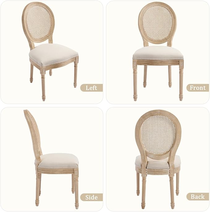 French Country Dining Chairs Set of 6, Upholstered Rattan Dining Chair with Round Backrest, Farmhouse Vintage Dining Chairs for Living Room, Kitchen, Restaurant (Beige-Rattan, Set of 6)