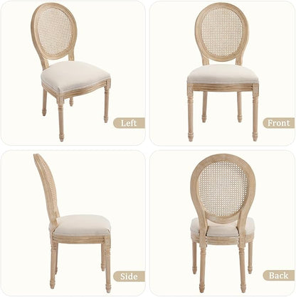 French Country Dining Chairs Set of 6, Upholstered Rattan Dining Chair with Round Backrest, Farmhouse Vintage Dining Chairs for Living Room, Kitchen, Restaurant (Beige-Rattan, Set of 6)