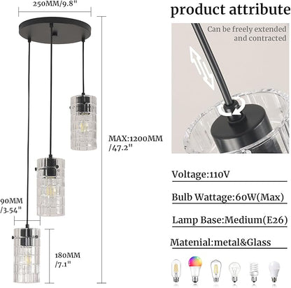 Black Glass Pendant Lights, Pendant Light Fixtures, Pendant Lights For kitchen island Living Room ,With Meatel Adjustable Hanging Rod,(3 Lights)