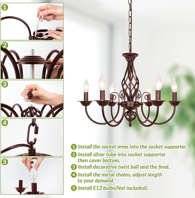 6-Light Farmhouse Candle Chandelier for Living Room, Rustic Industrial Pendant Ceiling Light fixture, Vintage Hanging Lamp for Bedroom Hallway Kitchen Dining Room Foyer, E12 Socket, Oil Rubbed Brown