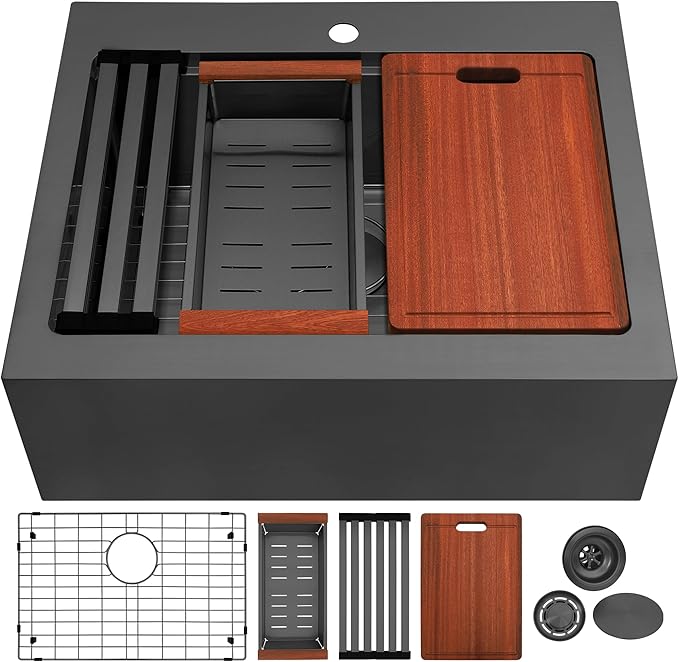 30 Inch Farmhouse Black Sink, 16 Gauge 304 Stainless Steel Farm Sinks, Drop In Topmount Single Bowl Workstation Sink with all Accessories, 30" x 22" x 10" Deep Kitchen Sink