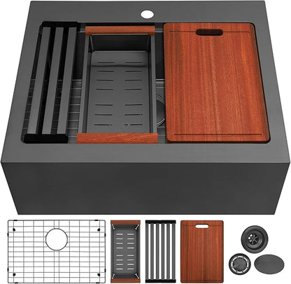 30 Inch Farmhouse Black Sink, 16 Gauge 304 Stainless Steel Farm Sinks, Drop In Topmount Single Bowl Workstation Sink with all Accessories, 30" x 22" x 10" Deep Kitchen Sink