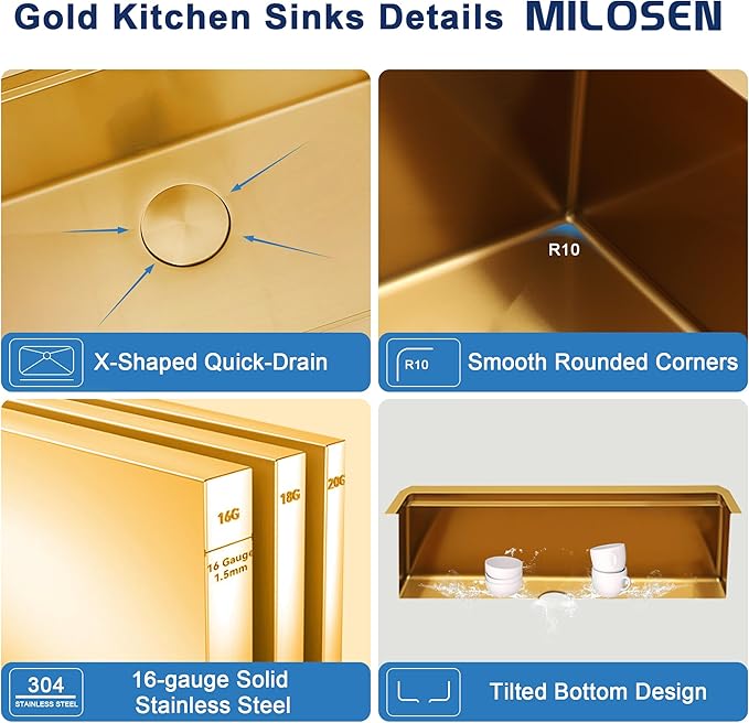 MILOSEN Gold Kitchen Sink, 23x18 inch Gold Undermount Kitchen Sinks, 16 Gauge T304 Stainless Steel Laundry Sinks with Custom Accessories, Deep Single Bowl Utility Sink with Bottom Grid