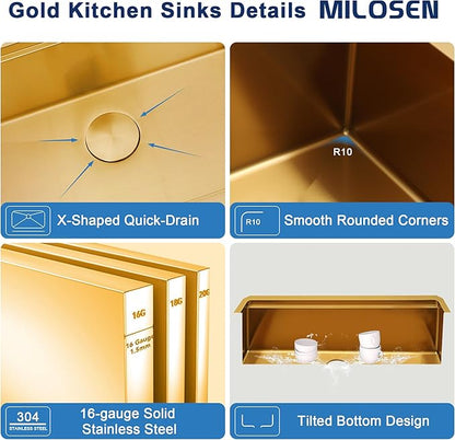 MILOSEN Gold Kitchen Sink, 23x18 inch Gold Undermount Kitchen Sinks, 16 Gauge T304 Stainless Steel Laundry Sinks with Custom Accessories, Deep Single Bowl Utility Sink with Bottom Grid