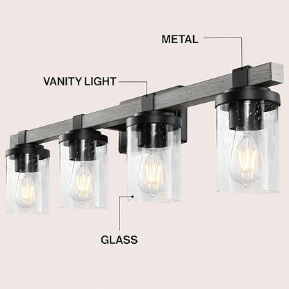 JONATHAN Y 32" Black/Gray Oak Wood Finish LED Vanity Light, Rustic Farmhouse Sconce, Clear Seeded Glass Shade, Industrial Wall Lamp for Bathroom Mirror, Kitchen Sink, LED Bulb (JYL7510B)
