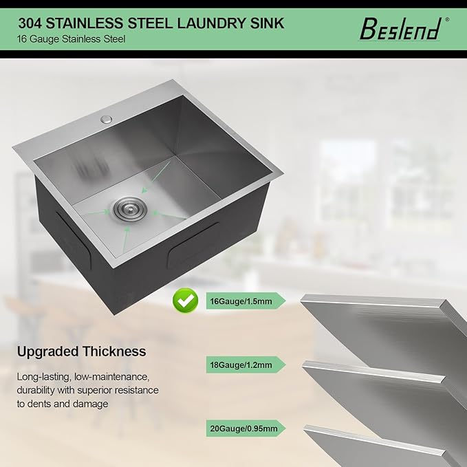 25 Laundry Sink Drop In - 25x22x12 Inch Laundry Utility Sinks 12 Inch Deep Sinks Stainless Steel Topmount Sink 16 Gauge Single Bowl Sink for Laundry Room