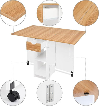 Mondeer Folding Dining Table, Drop Leaf Kitchen Table with 1 Drawer and 2 Open Storage Shelves Small Space Dining Room Kitchen Modern (White & Red Oak)