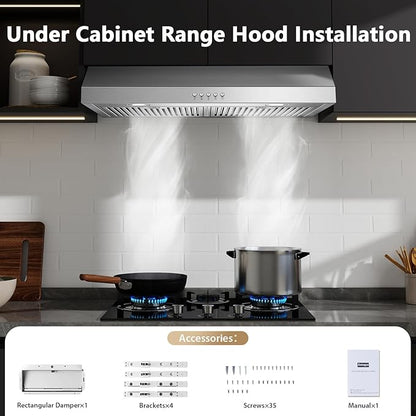 Under Cabinet Range Hood 30 inch, Stainless Steel Kitchen Hood 800CFM, Stove Hood with Push Button Control, Baffle Filters, Ducted/Ductless Convertible Duct