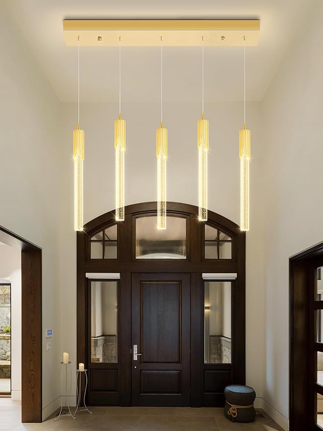 Flashing God 5-Lights Rectangular Pendant Lights for Kitchen Island Gold Linear Crystal Chandelier Modern Chandeliers for Kitchen Island Dining Room