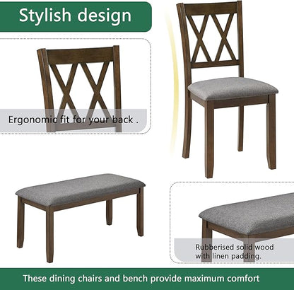 6-Piece Dining Table Set for 6 People, Wooden Rectangular Kitchen Table with 4 Upholstered Chairs and a Bench, Modern Dining Room Table Set for Kitchen and Dining, Walnut