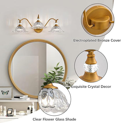 Vintage Bathroom Vanity Light Fixtures - 3 Light Antique Brass Bathroom Lights Fixture Over Mirror with Clear Flower Glass,Retro Brushed Gold Bronze Wall-Mounted Vanity Lighting for Powder Room