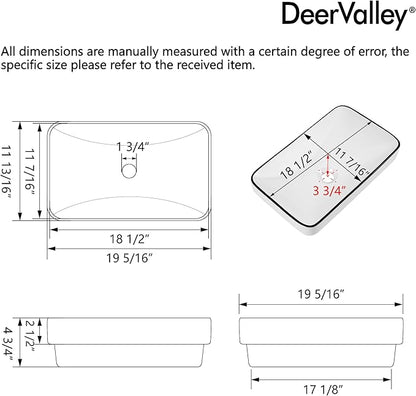 DeerValley Vessel Sink Rectangular, 18.9"x11.61" White Semi Recessed Bathroom Sink with Black Rim Ceramic Porcelain Rectangle Bathroom Vessel Sink Above Counter Vanity Sink Basin DV-1V0235