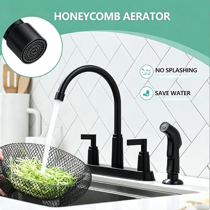 Modern 2 Handle Kitchen Sink Faucet with Side Sprayer, High Arc 360 Swivel Stainless Steel 3 or 4 Hole Kitchen Faucet for Rv Camper Laundry Utility Bar Sinks, Matte Black