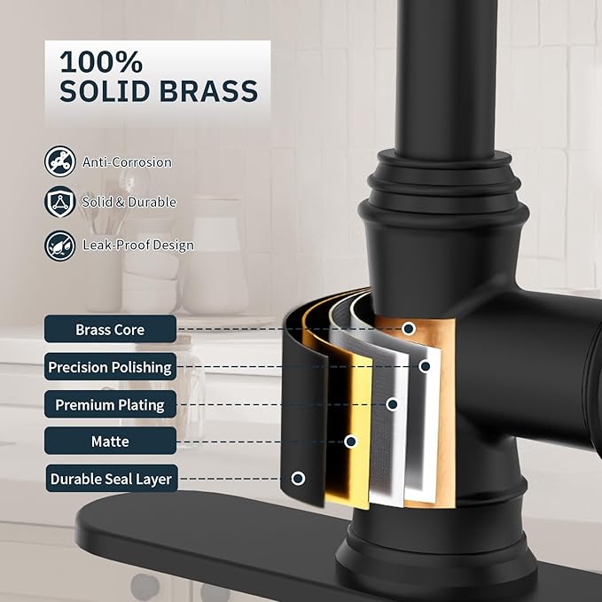 BWE Black Kitchen Faucet with Pull Down Sprayer, Solid Brass High Arc Single Handle Sink Faucet for Farmhouse Kitchen, 3 Spray Modes