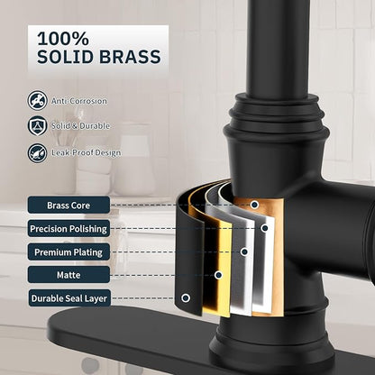 BWE Black Kitchen Faucet with Pull Down Sprayer, Solid Brass High Arc Single Handle Sink Faucet for Farmhouse Kitchen, 3 Spray Modes