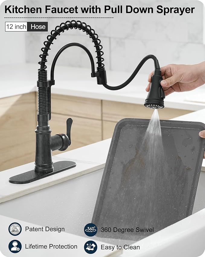 3-Function Kitchen Faucets with Pull Down Sprayer, 1 Hole or 3 Hole Kitchen Faucet Black, 1 Handle Kitchen Sink Faucets, 360 Degree Swivel Stainless Steel Faucet for Kitchen Sink with Deck Plate