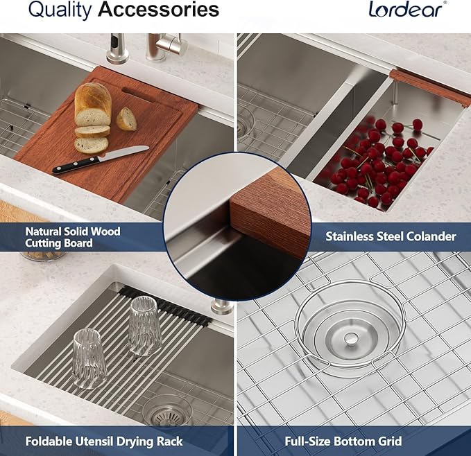 Lordear 32 Kitchen Sink - Double Bowl Stainless Steel Undermount Sink 16 Gauge Stainless Steel Workstation 50/50 Double Basin Low Divide Under Counter Handmade Sinks