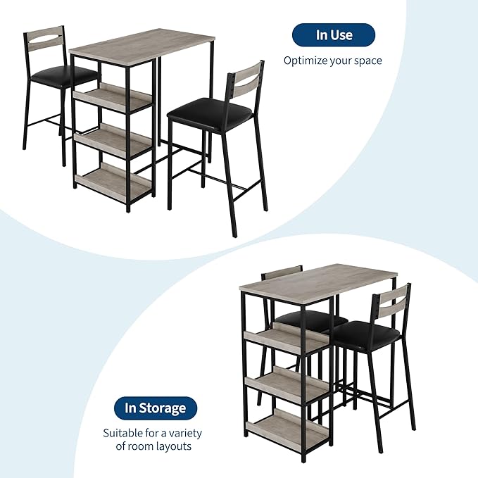 GarveeHome 3-Piece Kitchen Table Set with Storage Shelves & 2 Upholstered Chairs - Iron and Wood Dining Table for Small Spaces, Apartments, Condos, Grey