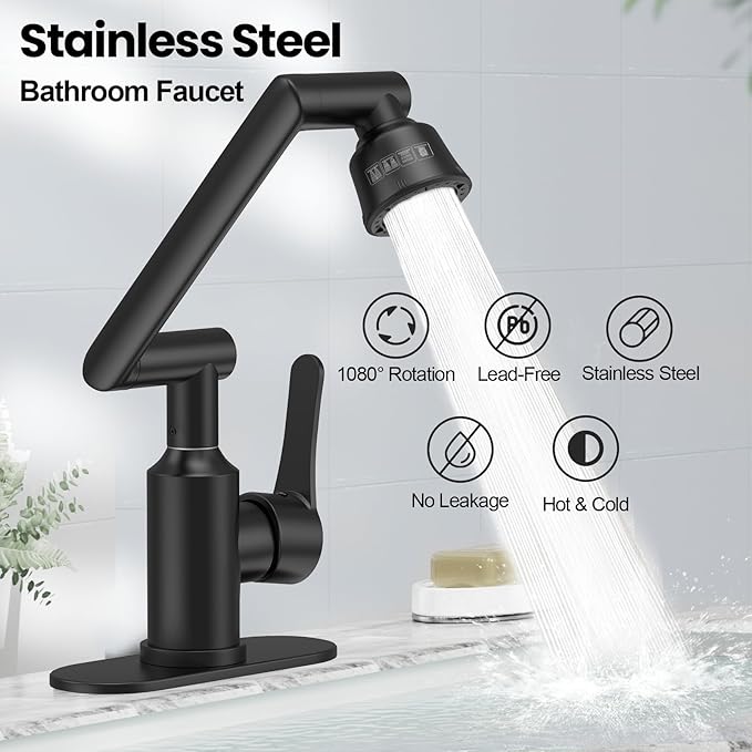 Bathroom Sink Faucet, FunnyAir Stainless Steel 1080° Rotatable Faucet for Sink 1 Hole or 3 Holes, Modern Style Single Handle Bathroom Faucets with Hot and Cold Hoses, Matte Black