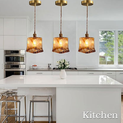 Vintage Amber Glass Pendant Light, Mid Century Square Brushed Brass Hanging Pendant Chandelier, E26/E27 Adjustable Height Farmhouse Pendant Lamp Fixture for Kitchen Island Living Room Dinning Room