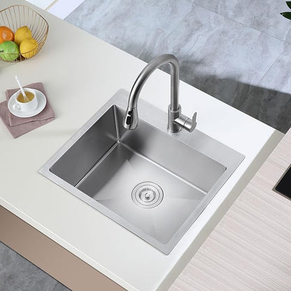 23 x 18 inch Single Faucet Hole Kitchen Sink Drop in, 18 Gauge Stainless Steel Handmade Single Bowl Topmount Kitchen Sink with Grid, Brushed
