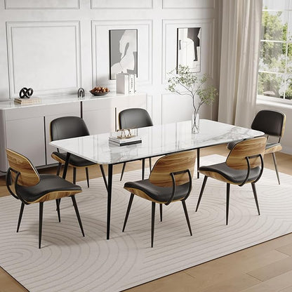 Mid Century Modern Dining Chairs Set of 6, PU Leather Armless Kitchen Chairs with Walnut Bentwood Back & Metal Legs, Sturdy Retro Accent Chairs for Dining Room, Living Room, Black