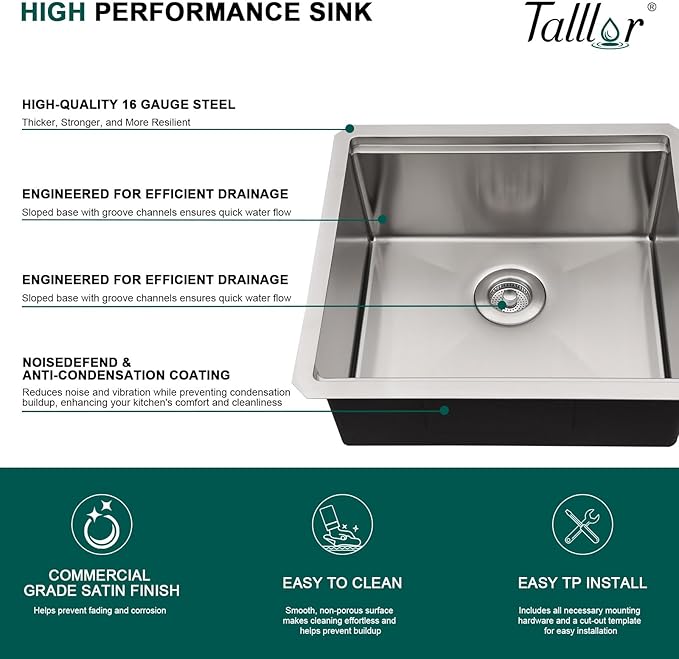 21 Inch Undermount Bar Sink - 21x19 Workstation 16 Gauge T-304 Stainless Steel Single Bowl Wet Prep Sinks for Kitchen Bar, Outdoor, RV #TLU-0047
