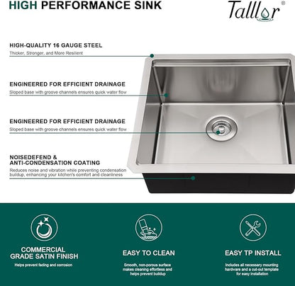 21 Inch Undermount Bar Sink - 21x19 Workstation 16 Gauge T-304 Stainless Steel Single Bowl Wet Prep Sinks for Kitchen Bar, Outdoor, RV #TLU-0047