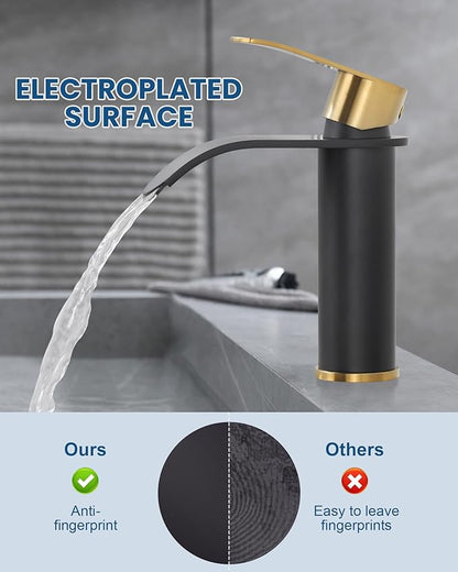 Waterfall Bathroom Faucet: WOWOW Black and Gold Modern Single Handle Bathroom Faucets for 1 or 3 Hole Bathroom Sink Faucet Mixer Tap Washbasin Faucet with Deck, Pop-up Drain and Supply Hoses
