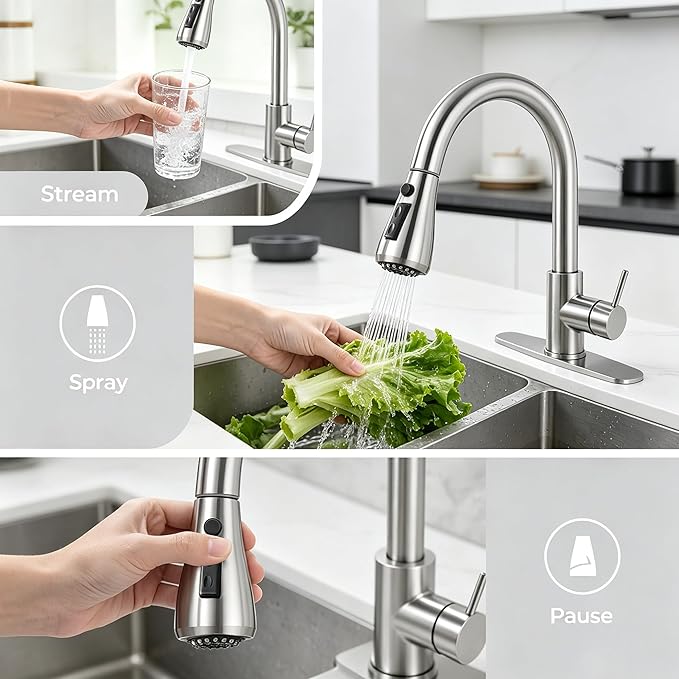 IKEBANA Kitchen Faucet, Brushed Nickel Kitchen Sink Faucet with Pull Down Sprayer, High Arc Single Handle Stainless Steel Pull Out Faucet for Kitchen Sink