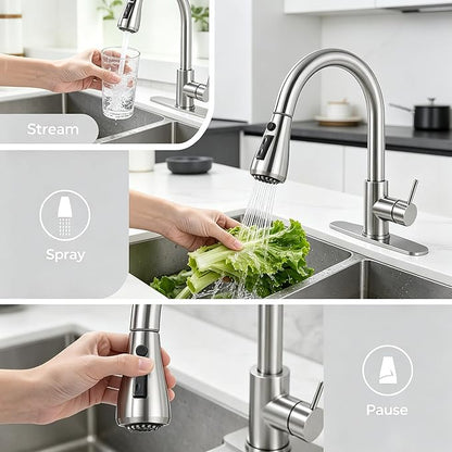 IKEBANA Kitchen Faucet, Brushed Nickel Kitchen Sink Faucet with Pull Down Sprayer, High Arc Single Handle Stainless Steel Pull Out Faucet for Kitchen Sink
