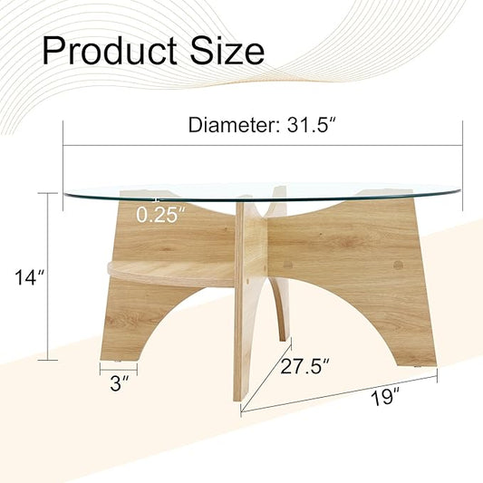 Round Coffee Tables, 31.5" Simple Glass Coffee Table with Tempered Glass Top and MDF Base, Diagonal Fan-Shaped Tray Design Table Leg Modern Center Table for Living Room Wood