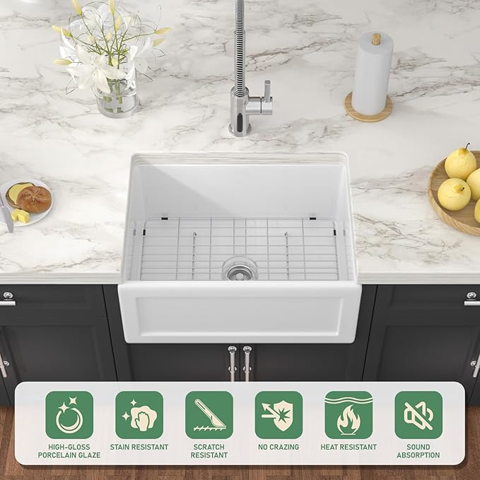 24 Inch White Farmhouse Sink Reversible Apron Front Fireclay Farm Sinks Heavy Duty Large Deep Ceramic Single Bowl Farm House Sinks, 24" x 18" x 10"