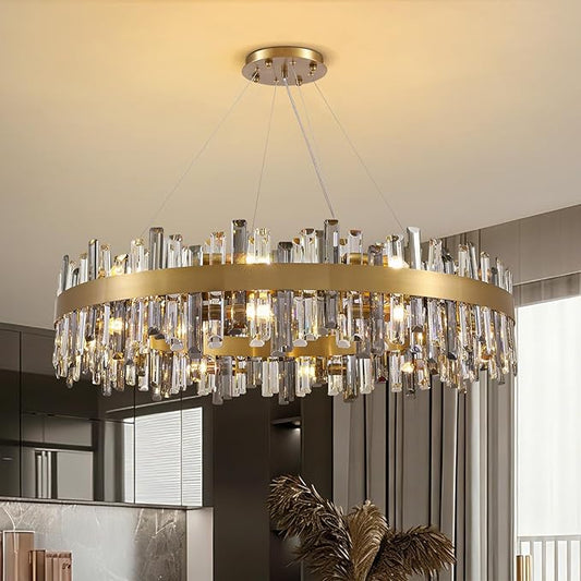 Siljoy Modern Crystal Chandelier 20 Lights Large Brushed Brass Gold Round Raindrop Chandelier Luxury 2-Tier K9 Crystal Pendant Ceiling Light for Dining Living Room Kitchen Foyer D39.4''