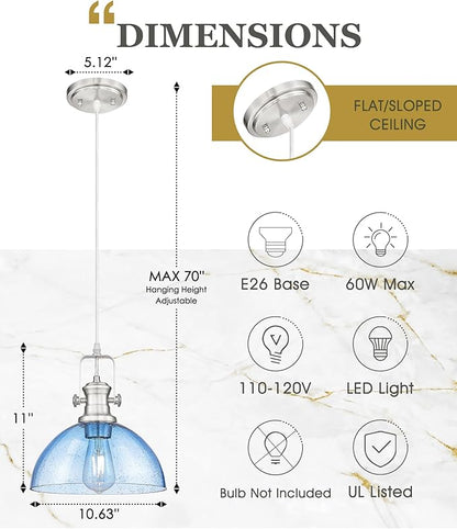 Pendant Lights Kitchen Island, 10.5" Farmhouse Pendant Lighting with Blue Seeded Glass Shade, Vintage Hanging Light Fixtures for Dining Room, Brushed Nickel, AD-22151-1PL-SN-BL