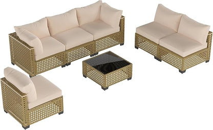 Patio Furniture Set, 7-Piece Outdoor Sectional Couch with Coffee Table & Thick Cushions, Outdoor Wicker Conversation Set for Backyard, Poolside, Garden (Yellow-White, 7 Piece-Single)