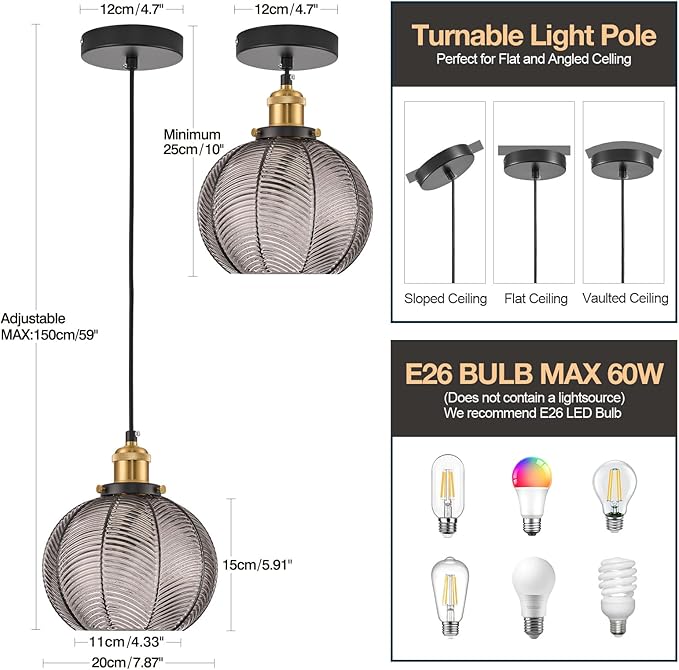 7.8in Vintage Pendant Light 1- Light Kitchen Sink Pendant Lights with Smoke Gray Hand Blown Glass Small Hanging Lamp for Kitchen Island Dining Room Bedroom Bathroom Hallway E26