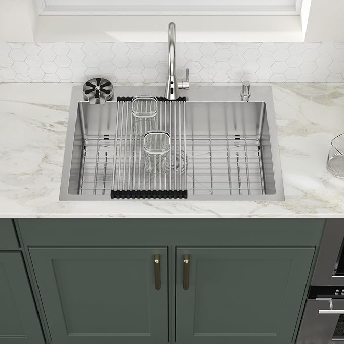 30x22 Drop in Kitchen Sink with Faucet Soap dispenser 30 Inch Stainless Steel Sinks Topmount 16 Guage 304 Single Bowl 9'' Deep Sinks with Cup Washer LMT30229-F