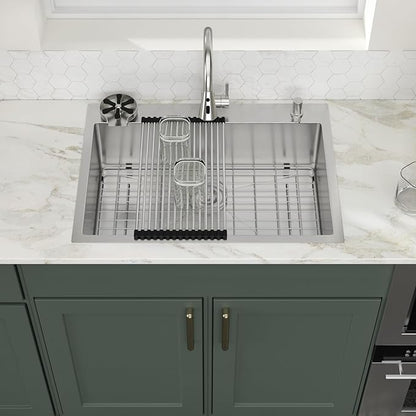 30x22 Drop in Kitchen Sink with Faucet Soap dispenser 30 Inch Stainless Steel Sinks Topmount 16 Guage 304 Single Bowl 9'' Deep Sinks with Cup Washer LMT30229-F