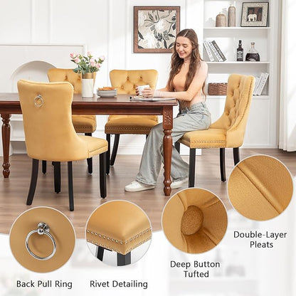 Eifizek Velvet Dining Chairs Set of 6, Tufted Dining Room Chairs with Nailhead Ring Pull Trim, Upholstered Dining Chairs with Solid Wood Legs for Kitchen Dining Room (Gold)