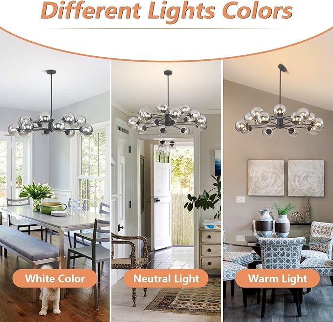 KCO Lighting Mid Century Modern Sputnik Chandelier Matte Black Smoke Gray Glass Sputnik Pendant Light 16-Light Globe Chandelier Farmhouse Kitchen Island Lighting Fixture (Black+Smoke Gray)