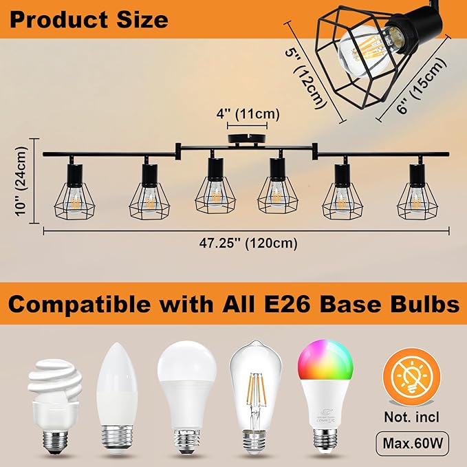 HiBay 6-Light Track Lighting, Directional Rotatable Ceiling Light Fixture, Black Farmhouse Track Spotlight for Kitchen, Bedroom, Living Room, E26 Base (Bulbs Not Included)