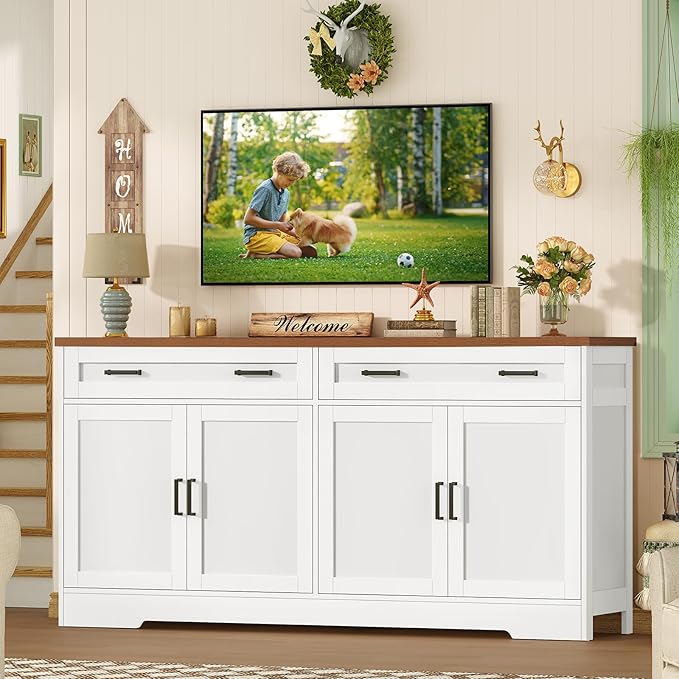 TEENFON 63” Buffet Cabinet with Storage and 2 Drawers, Large Sideboard Cabinet with 2 Adjustable Shelves and 4 Doors, Coffee Bar, Buffet Table for Kitchen, Dining Room, White