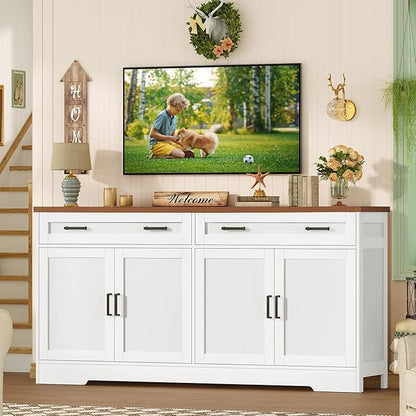 TEENFON 63” Buffet Cabinet with Storage and 2 Drawers, Large Sideboard Cabinet with 2 Adjustable Shelves and 4 Doors, Coffee Bar, Buffet Table for Kitchen, Dining Room, White