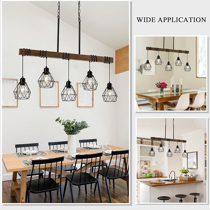 5-Light Kitchen Chandeliers Over Table, Farmhouse Black Dining Room Light Fixture, Linear Rustic Wood Ceiling Pendant Island Light Fixtures with Metal Lampshade, Height Adjustable